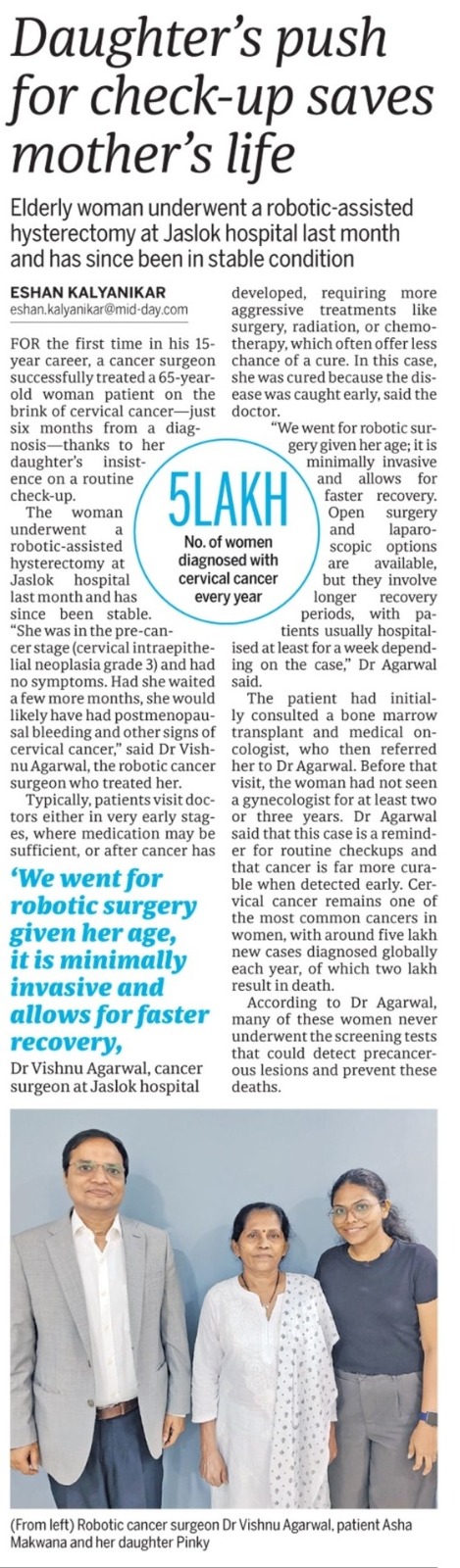 Dr. Vishnu Agrawal - Cervical Cancer Surgeon - Mid Day Print Article - September 2024